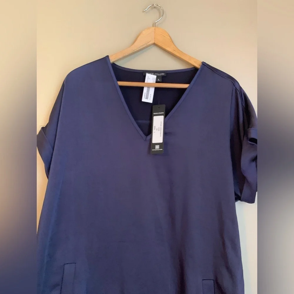 Peace of cloth satin v neck navy shirt dress - Picture 2 of 11
